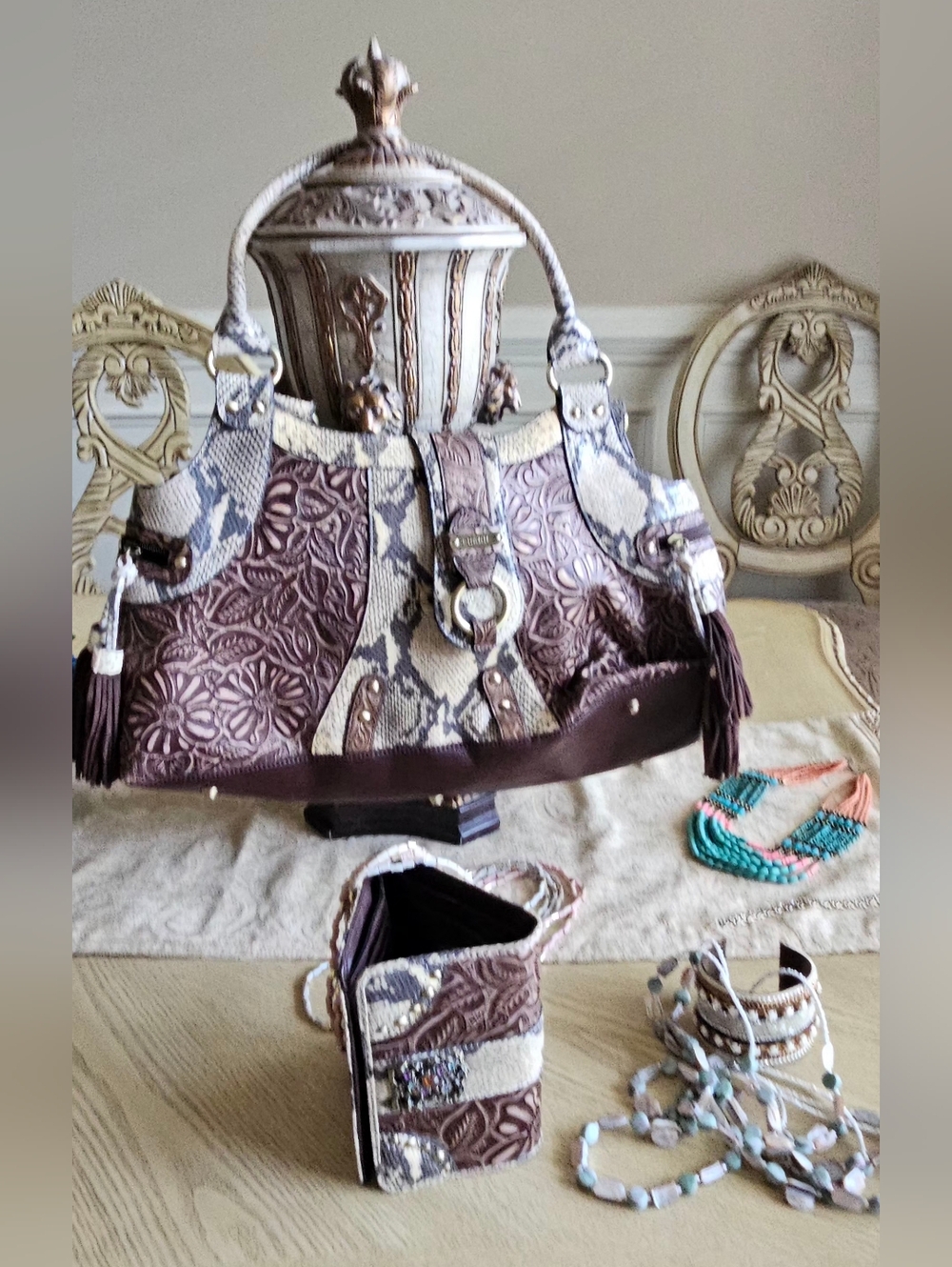 ​Rare Sharif Studio Vintage Tooled Leather & Snakeskin Set - Boho Western Chic6